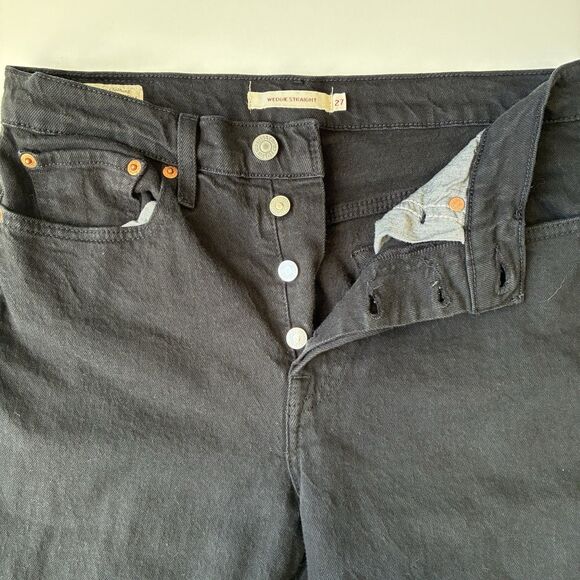 Levi’s Premium Wedgie Straight Leg Jeans Black Raw Hem Womens Size 27 Button Fly - Picture 15 of 16